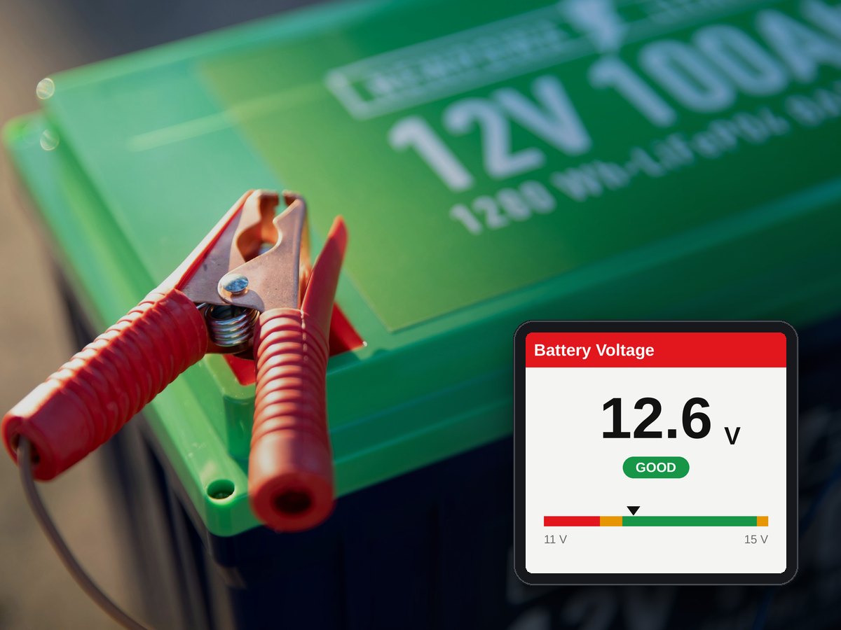 Batteria da 12 V con i morsetti e, sullo schermo dello scanner, tensione della batteria di 12,6 V: buona
